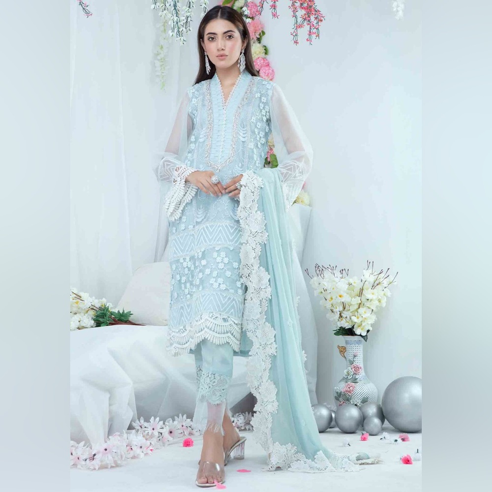 Fancy sky blue  party wear 3 piece Pakistani outfit